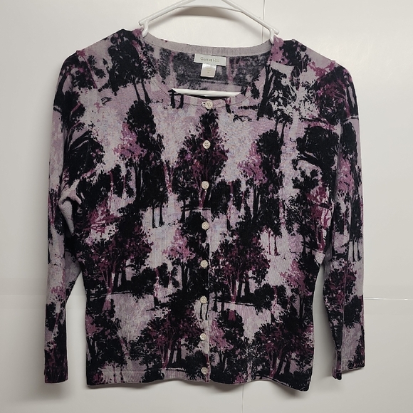 Chico's Sweaters - Garnet Hill 100% Merino Wool Artistic Purple and Black Button-Down Sweater Top